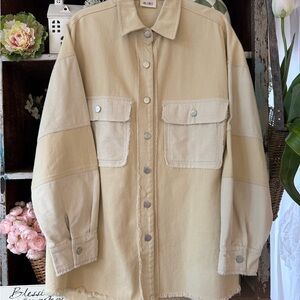 BiBi Distressed Tan Button-Up Jacket with Silver Accents. Corduroy & Denim.
